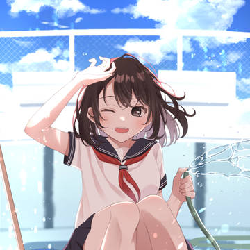 original, girl, sailor uniform / プール掃除