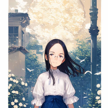AI-generated Illustration, girl with glasses, glasses / 月夜