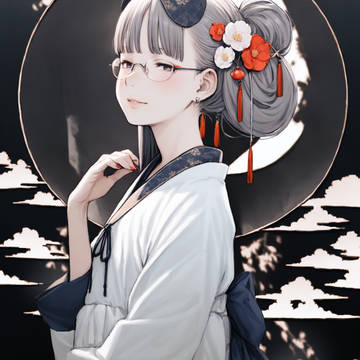 AI-generated Illustration, girl with glasses, glasses / 月夜