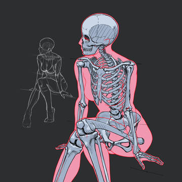tutorial, how to draw, skeleton / 座る女性　全身骨格の推定