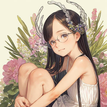 AI-generated Illustration, girl with glasses, glasses / 花飾り