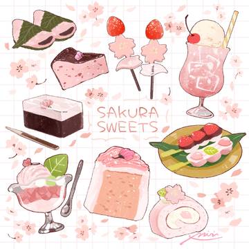 food, illustration, pixiv cafe / 桜スイーツ